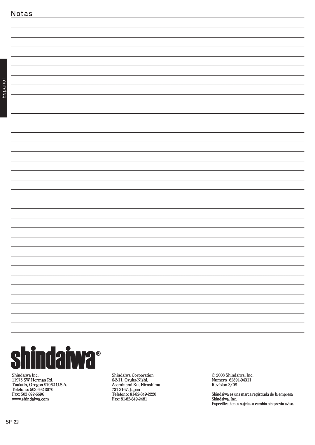 Shindaiwa 62891-94311 manual Notas, Español, SP22 