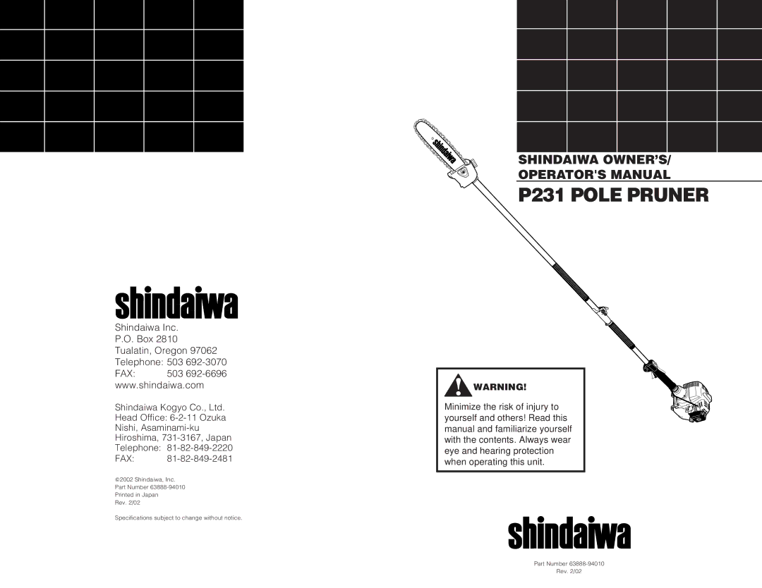 Shindaiwa 63888-94010 specifications P231 Pole Pruner 