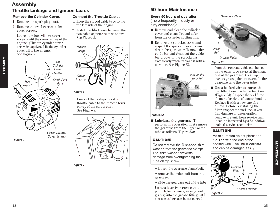 Shindaiwa 63888-94010 specifications Throttle Linkage and Ignition Leads Hour Maintenance, Remove the Cylinder Cover 