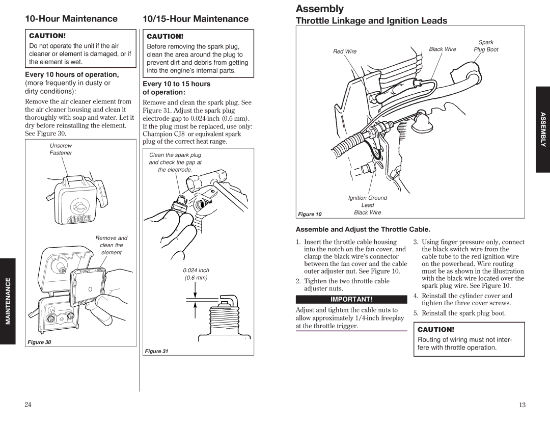 Shindaiwa 63888-94010 specifications Hour Maintenance 10/15-Hour Maintenance, Throttle Linkage and Ignition Leads 