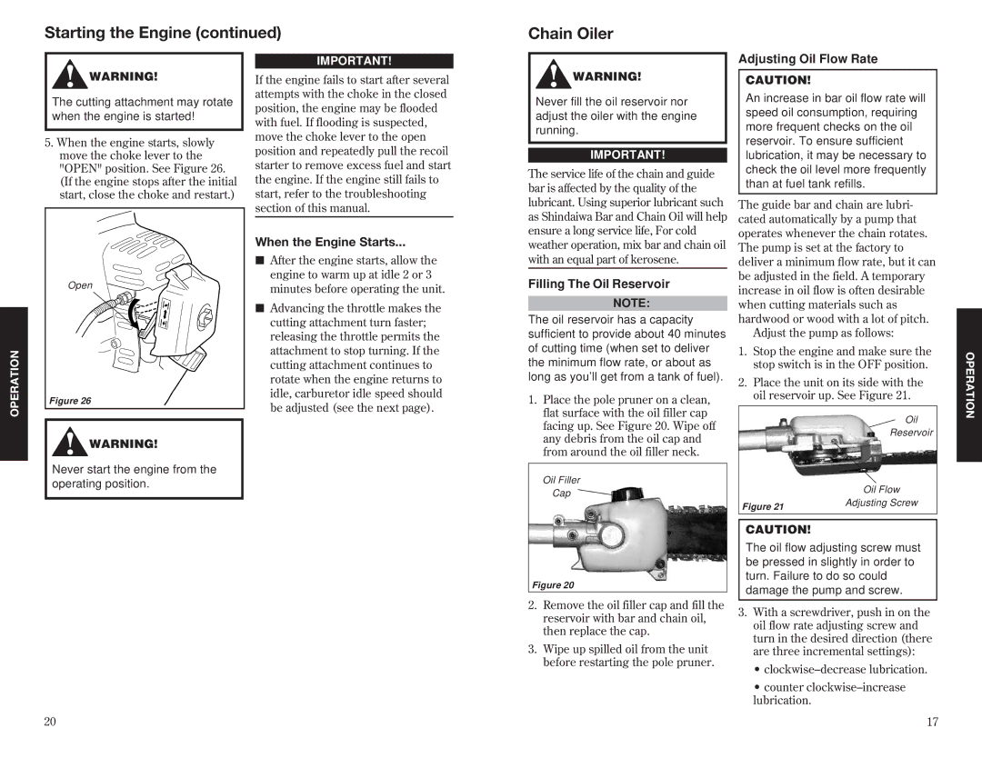 Shindaiwa 63888-94010 specifications Starting the Engine Chain Oiler, When the Engine Starts, Filling The Oil Reservoir 