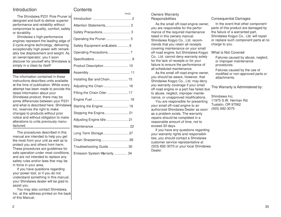 Shindaiwa 63888-94010 specifications Introduction, Contents 