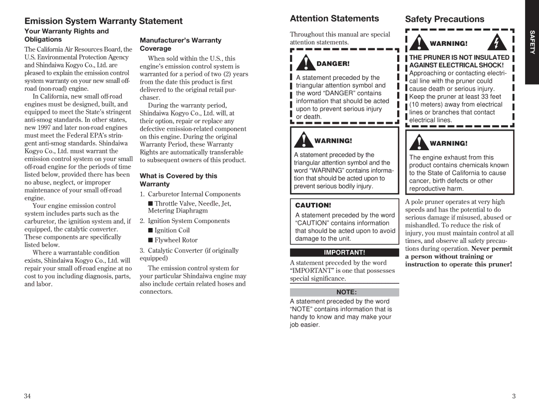 Shindaiwa 63888-94010 Emission System Warranty Statement Safety Precautions, Your Warranty Rights and Obligations 