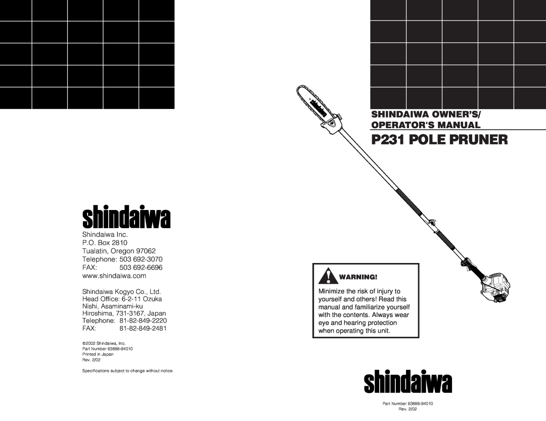 Shindaiwa 63888-94010 specifications Shindaiwa Owner’S Operators Manual, P231 POLE PRUNER 