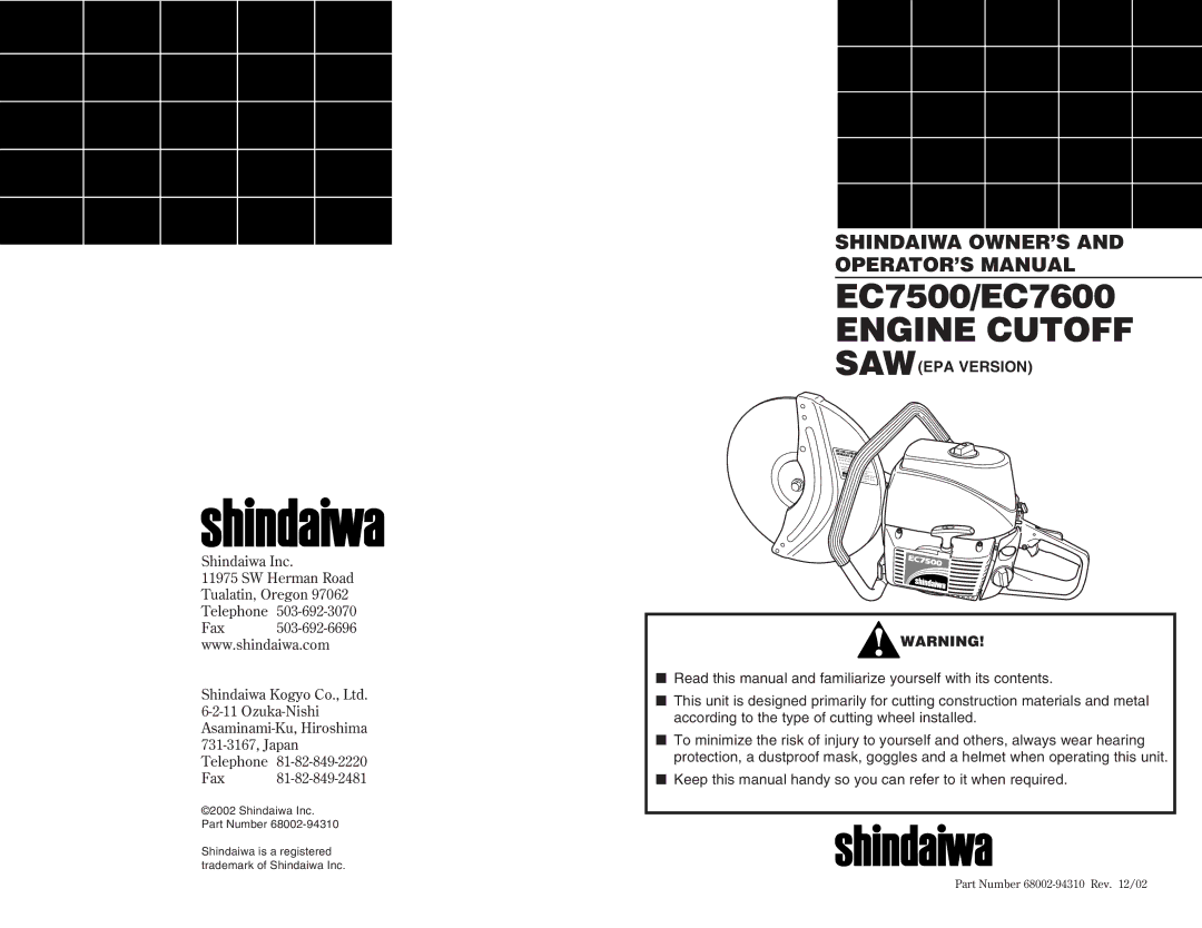 Shindaiwa 68002-94310 manual Sawepa Version, Keep this manual handy so you can refer to it when required 