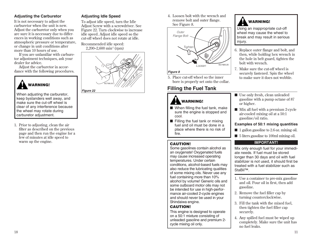 Shindaiwa 68002-94310 manual Filling the Fuel Tank, Adjusting the Carburetor, Adjusting Idle Speed 