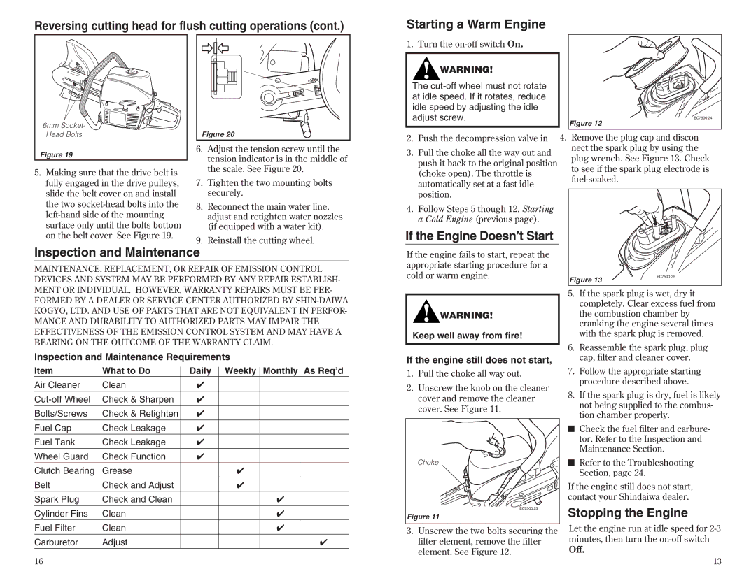 Shindaiwa 68002-94310 manual If the Engine Doesn’t Start, Inspection and Maintenance, Stopping the Engine 