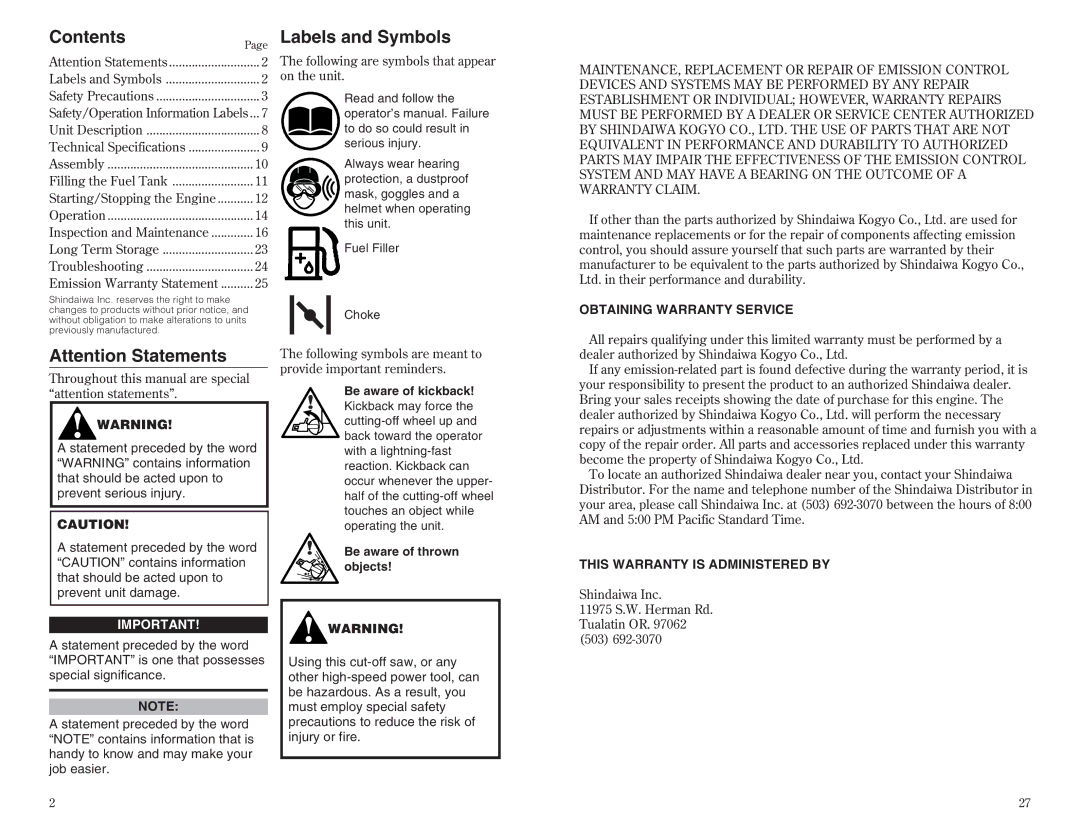 Shindaiwa 68002-94310 manual Contents, Labels and Symbols 