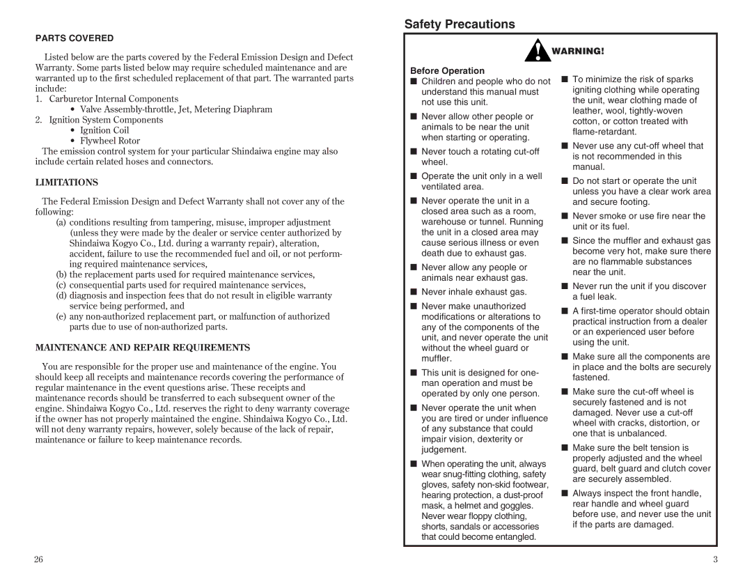 Shindaiwa 68002-94310 manual Safety Precautions, Parts Covered, Before Operation 