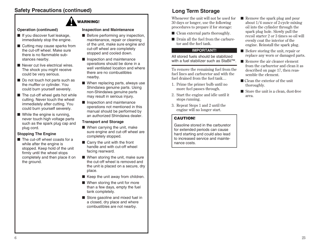 Shindaiwa 68002-94310 manual Safety Precautions Long Term Storage, Stopping The Engine, Inspection and Maintenance 