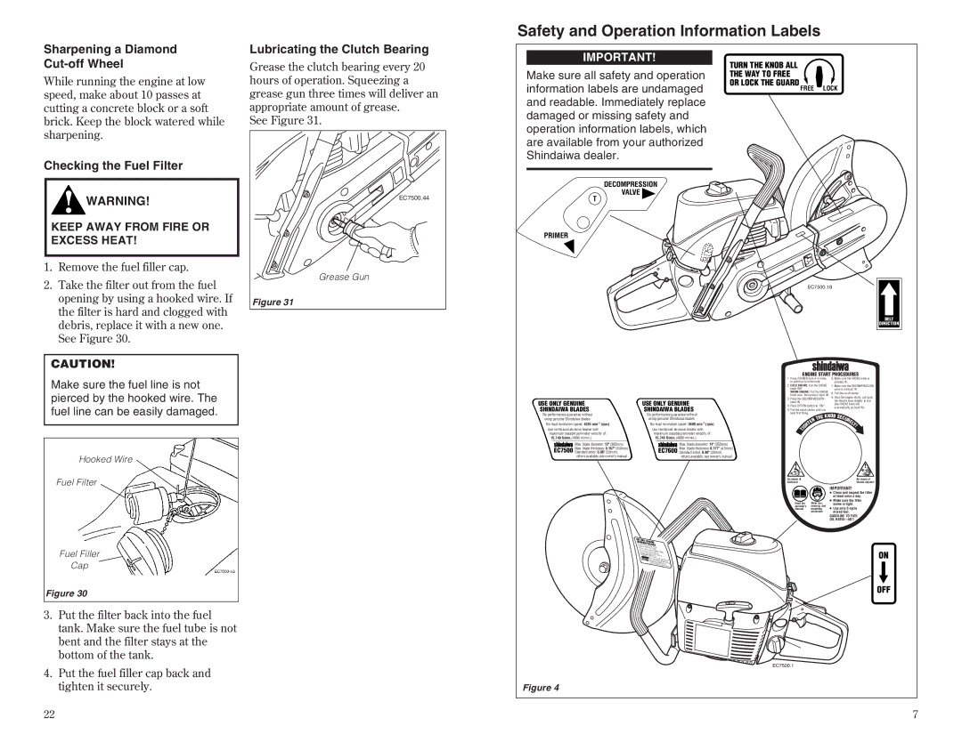 Shindaiwa 68002-94310 manual Safety and Operation Information Labels, Sharpening a Diamond Cut-off Wheel 