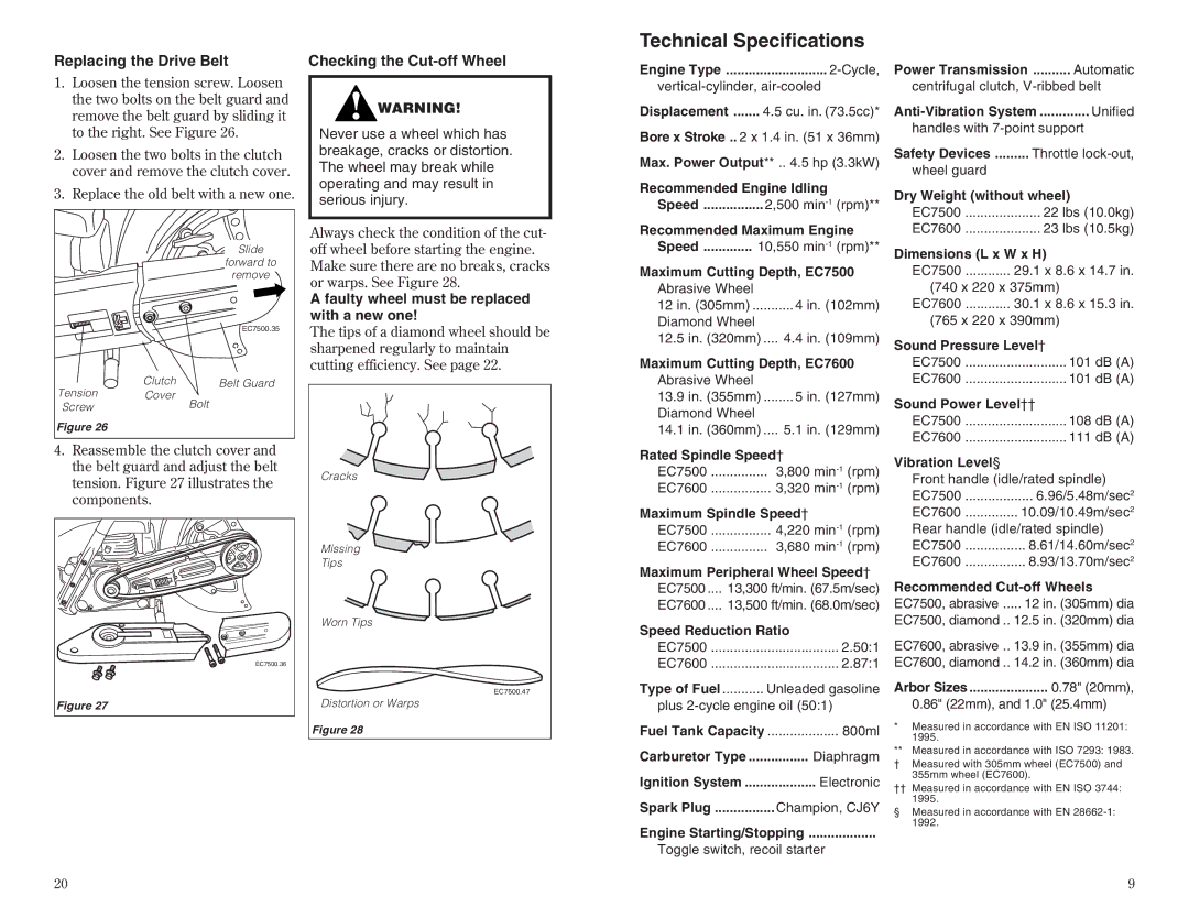 Shindaiwa 68002-94310 manual Technical Specifications, Replacing the Drive Belt Checking the Cut-off Wheel 