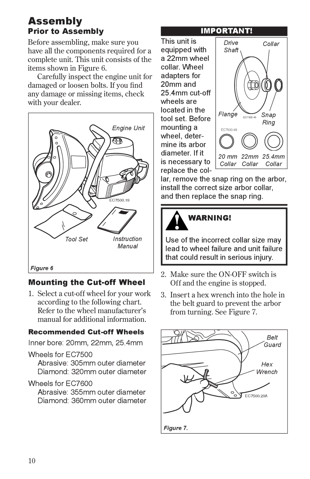 Shindaiwa 68006-94310 manual Prior to Assembly, Mounting the Cut-off Wheel 