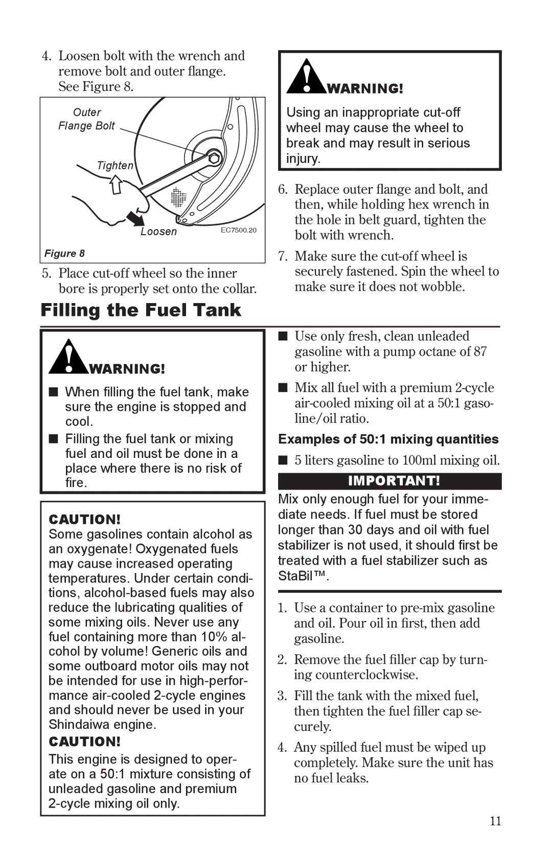 Shindaiwa 68006-94310 manual Filling the Fuel Tank, Examples of 501 mixing quantities 