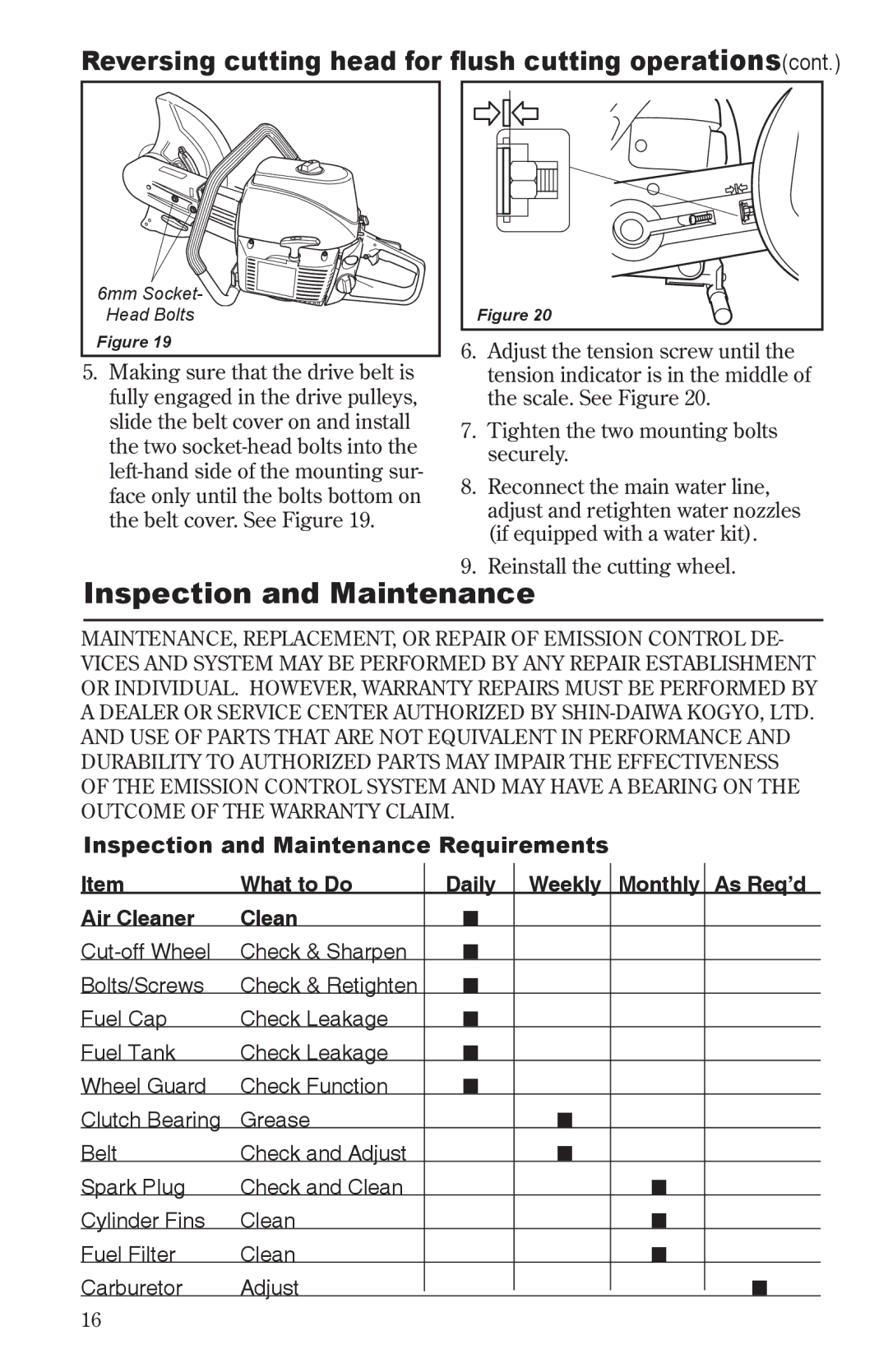 Shindaiwa 68006-94310 manual Inspection and Maintenance, Reversing cutting head for ﬂush cutting operationscont 