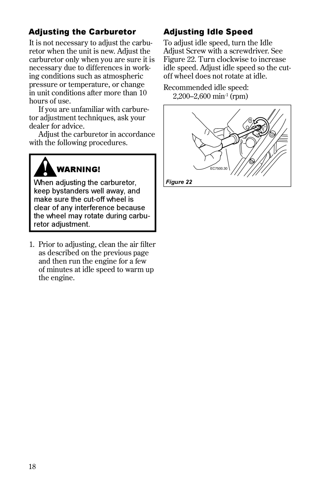 Shindaiwa 68006-94310 manual Adjusting the Carburetor, Adjusting Idle Speed 