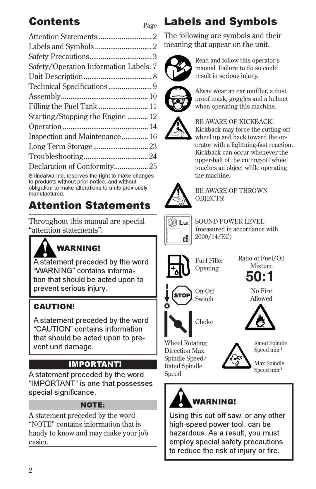 Shindaiwa 68006-94310 manual Contents, Labels and Symbols 