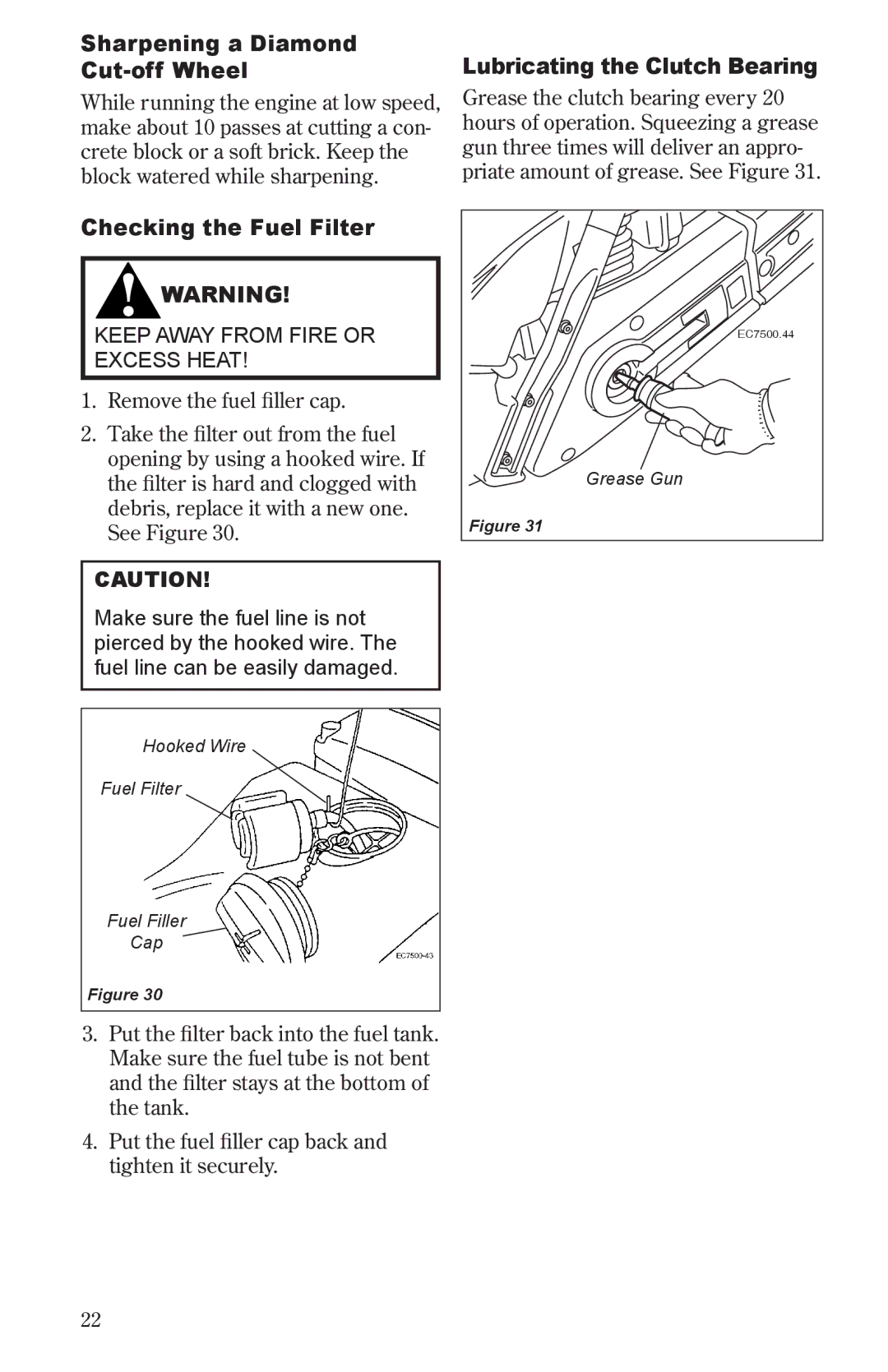 Shindaiwa 68006-94310 manual Sharpening a Diamond Cut-off Wheel, Lubricating the Clutch Bearing, Checking the Fuel Filter 