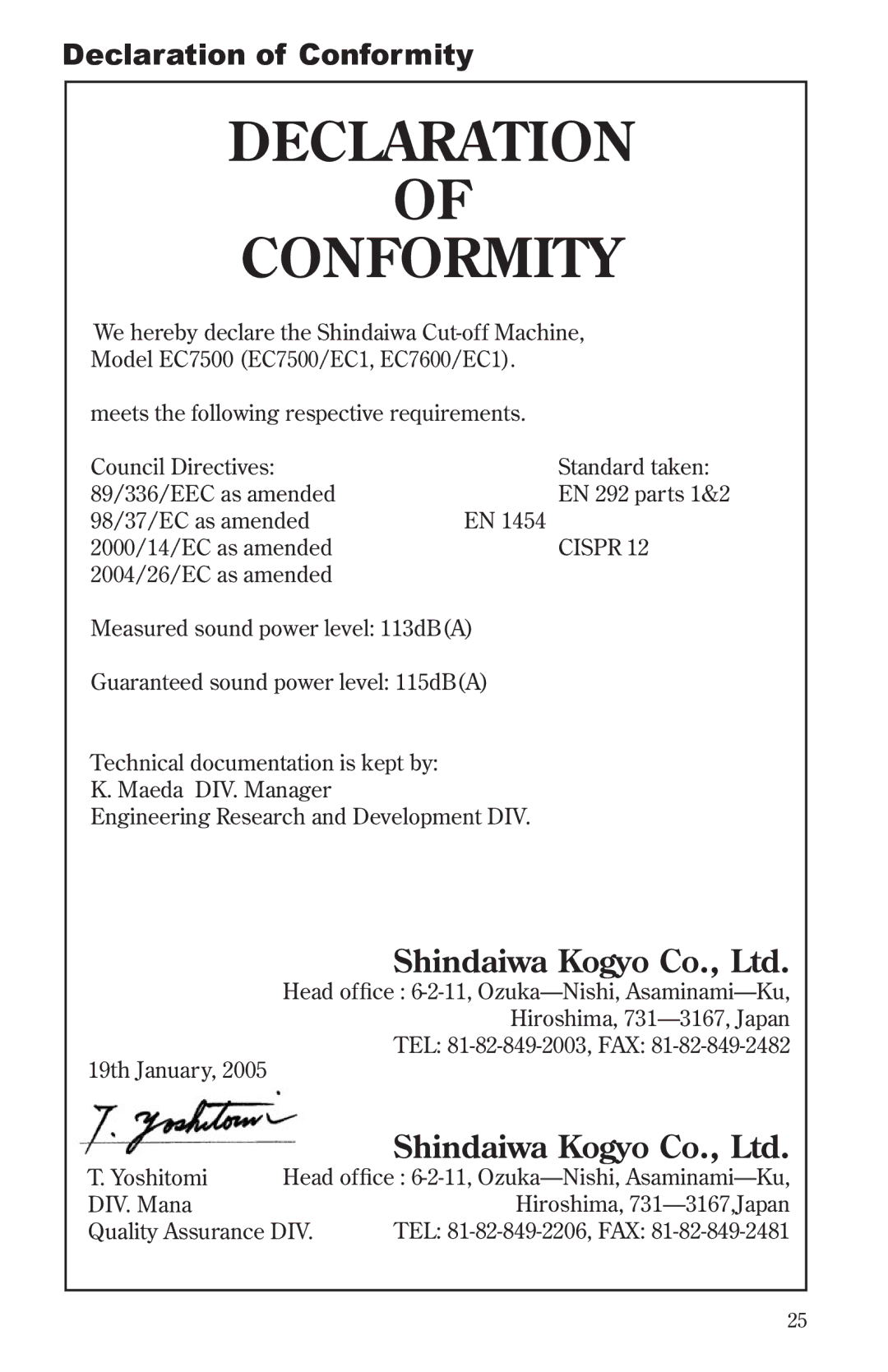 Shindaiwa 68006-94310 manual Declaration Conformity, Declaration of Conformity 