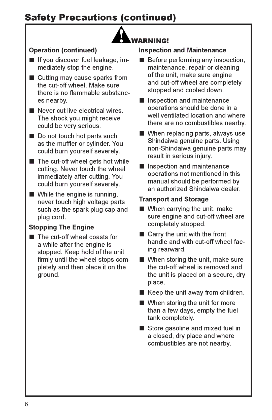 Shindaiwa 68006-94310 manual Operation Inspection and Maintenance, Transport and Storage, Stopping The Engine 