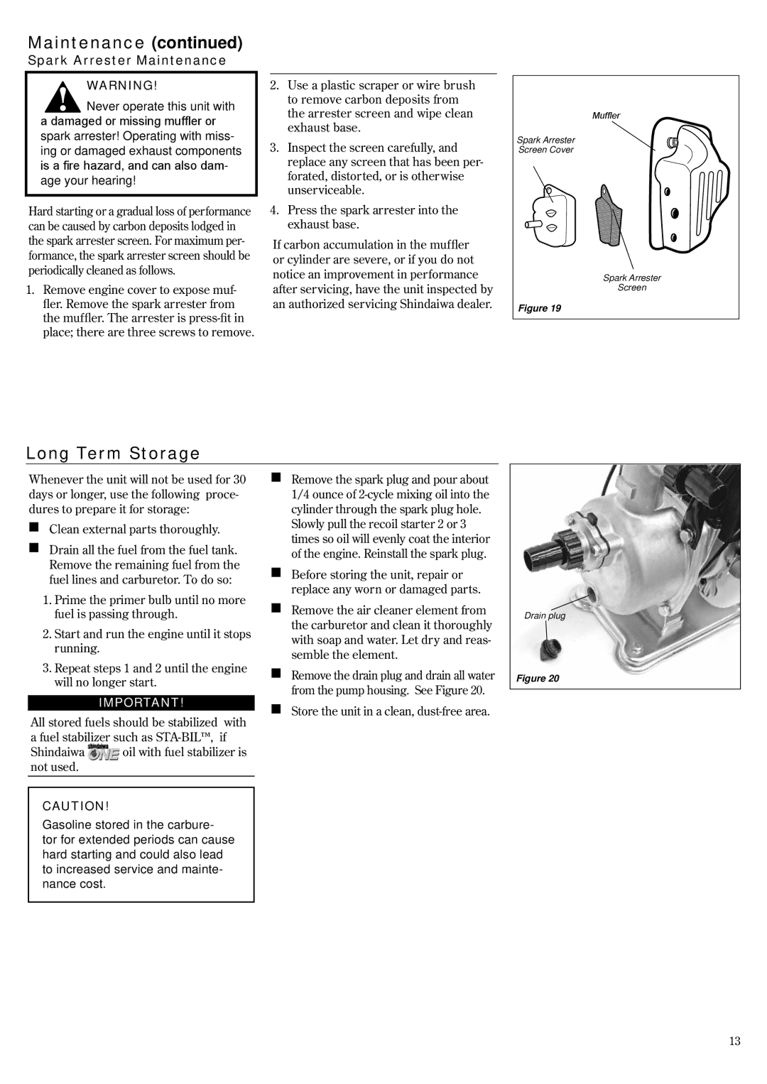 Shindaiwa GP3410, 6850-9430 manual Long Term Storage, Spark Arrester Maintenance 