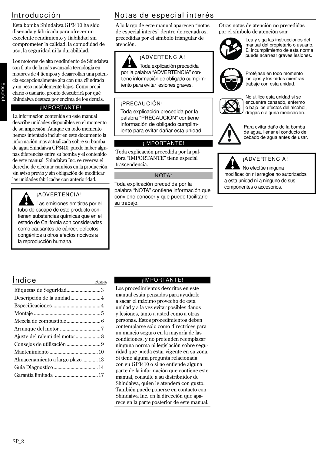 Shindaiwa 6850-9430, GP3410 manual Introducción Notas de especial interés, Índice 