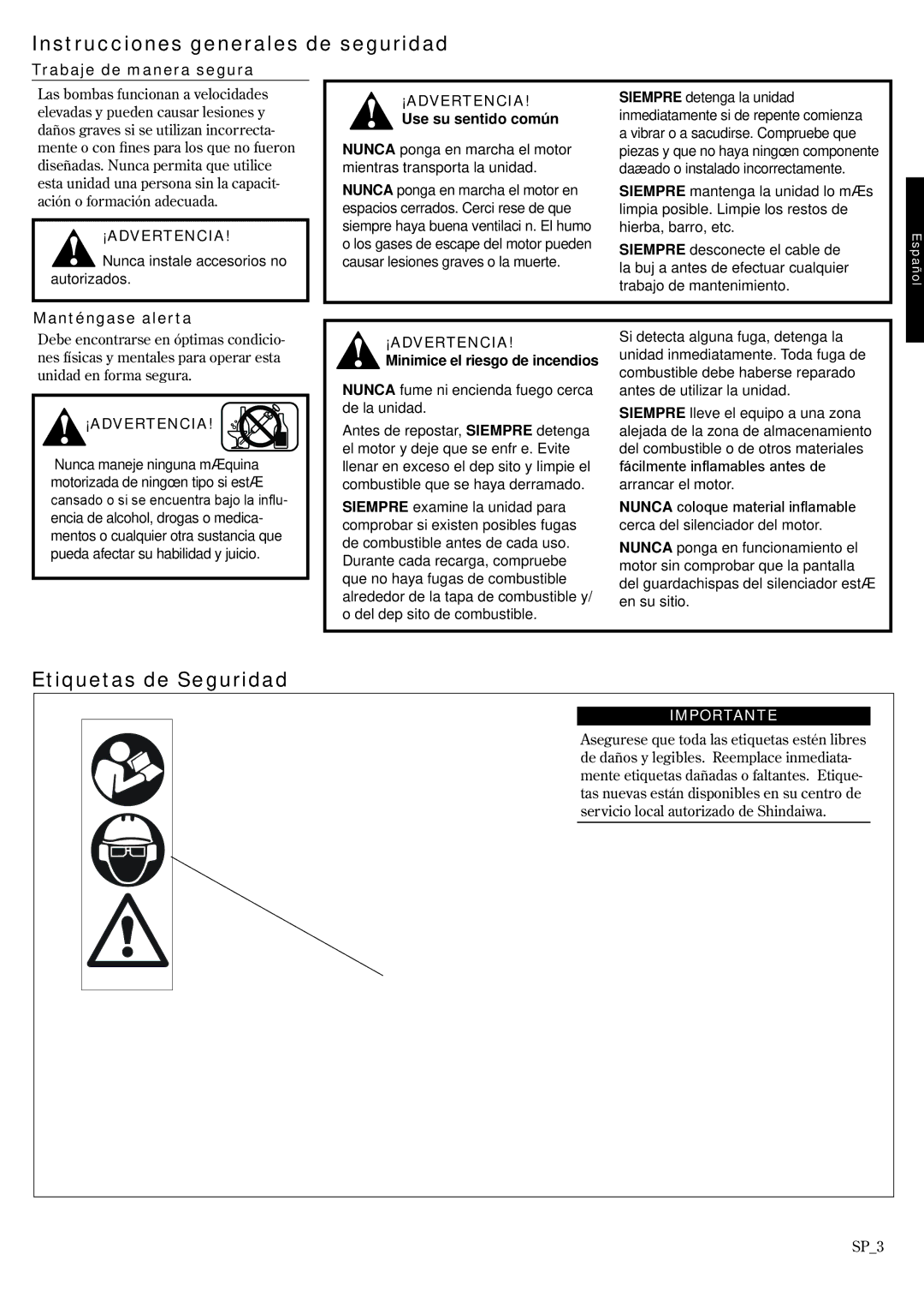 Shindaiwa GP3410, 6850-9430 manual Instrucciones generales de seguridad, Etiquetas de Seguridad 