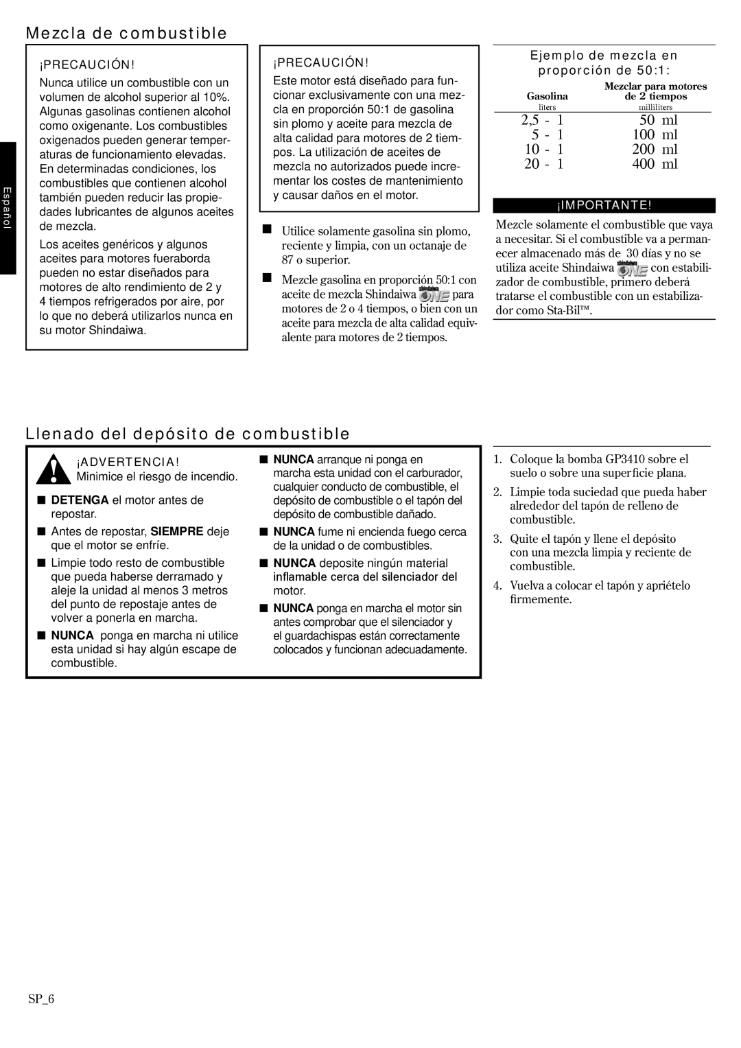 Shindaiwa 6850-9430, GP3410 Mezcla de combustible, Llenado del depósito de combustible, Ejemplo de mezcla en Proporción de 