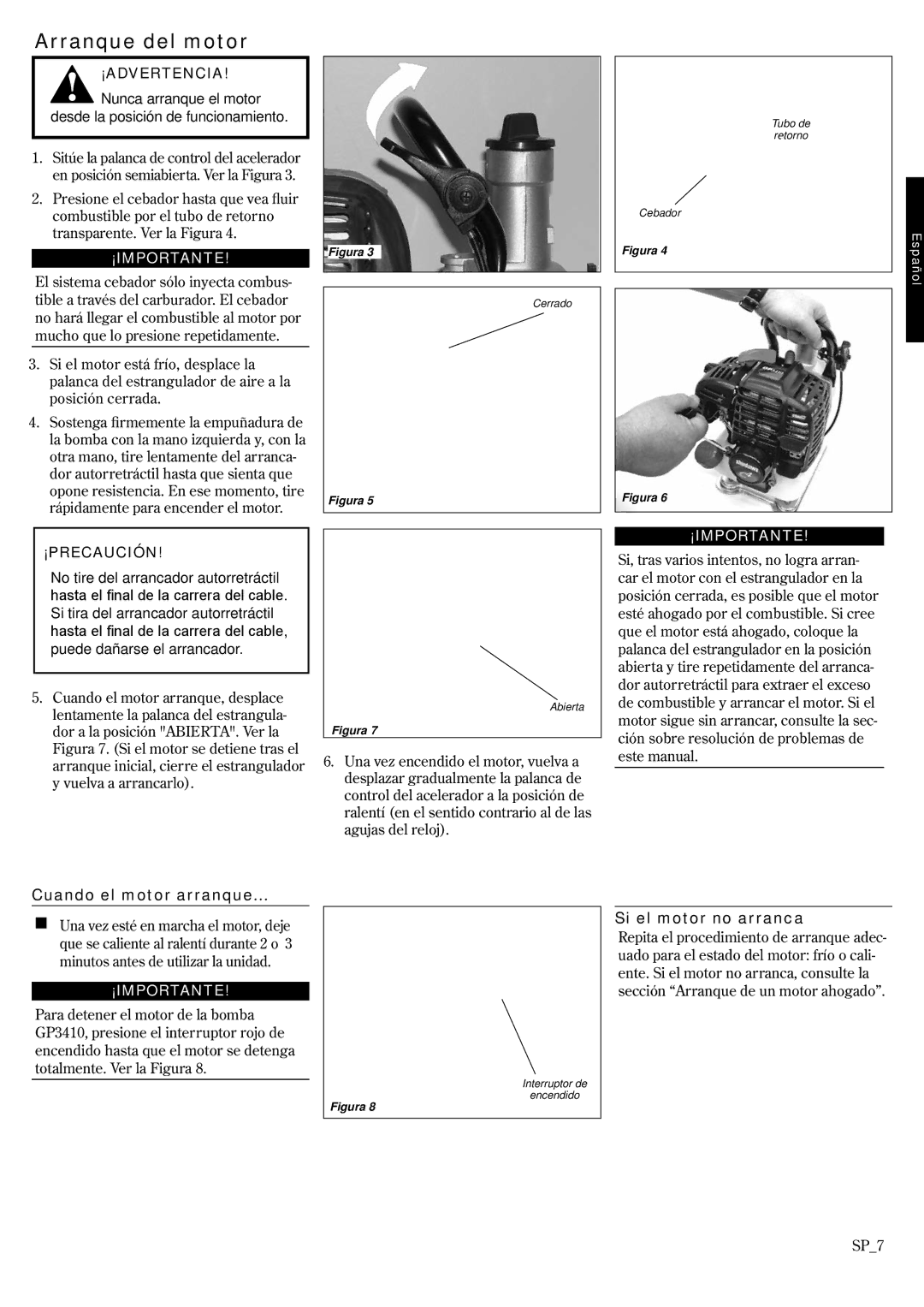 Shindaiwa GP3410, 6850-9430 manual Arranque del motor, Cuando el motor arranque, Si el motor no arranca 