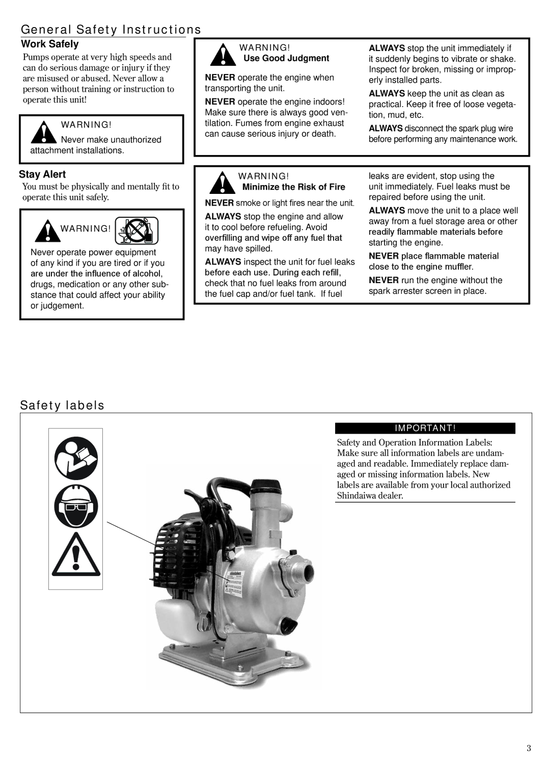 Shindaiwa GP3410, 6850-9430 manual General Safety Instructions, Safety labels, Use Good Judgment, Minimize the Risk of Fire 