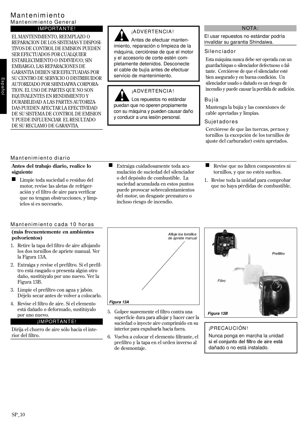 Shindaiwa 6850-9430, GP3410 manual Mantenimiento 