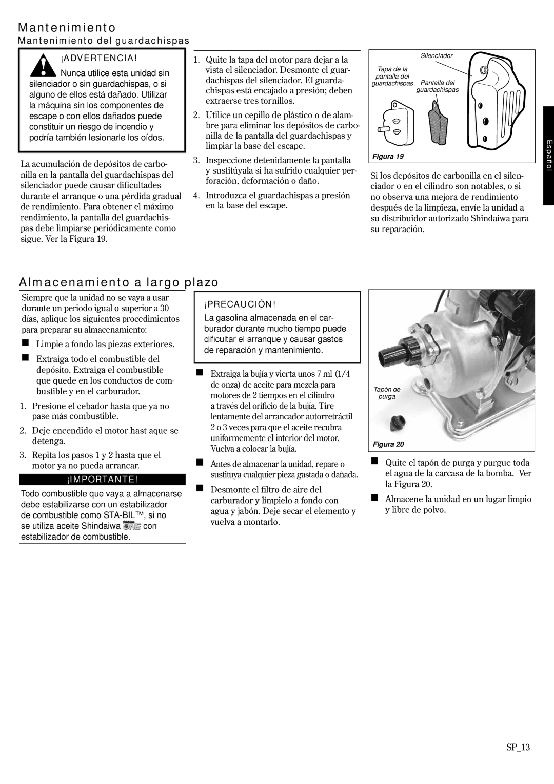 Shindaiwa GP3410, 6850-9430 manual Almacenamiento a largo plazo, Mantenimiento del guardachispas 
