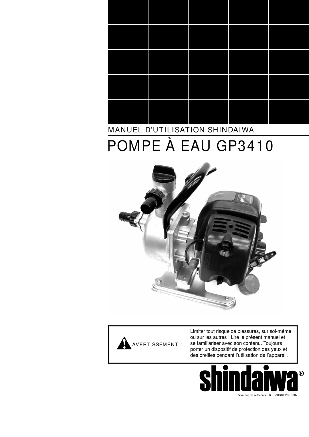 Shindaiwa 6850-9430 manual Pompe À EAU GP3410 