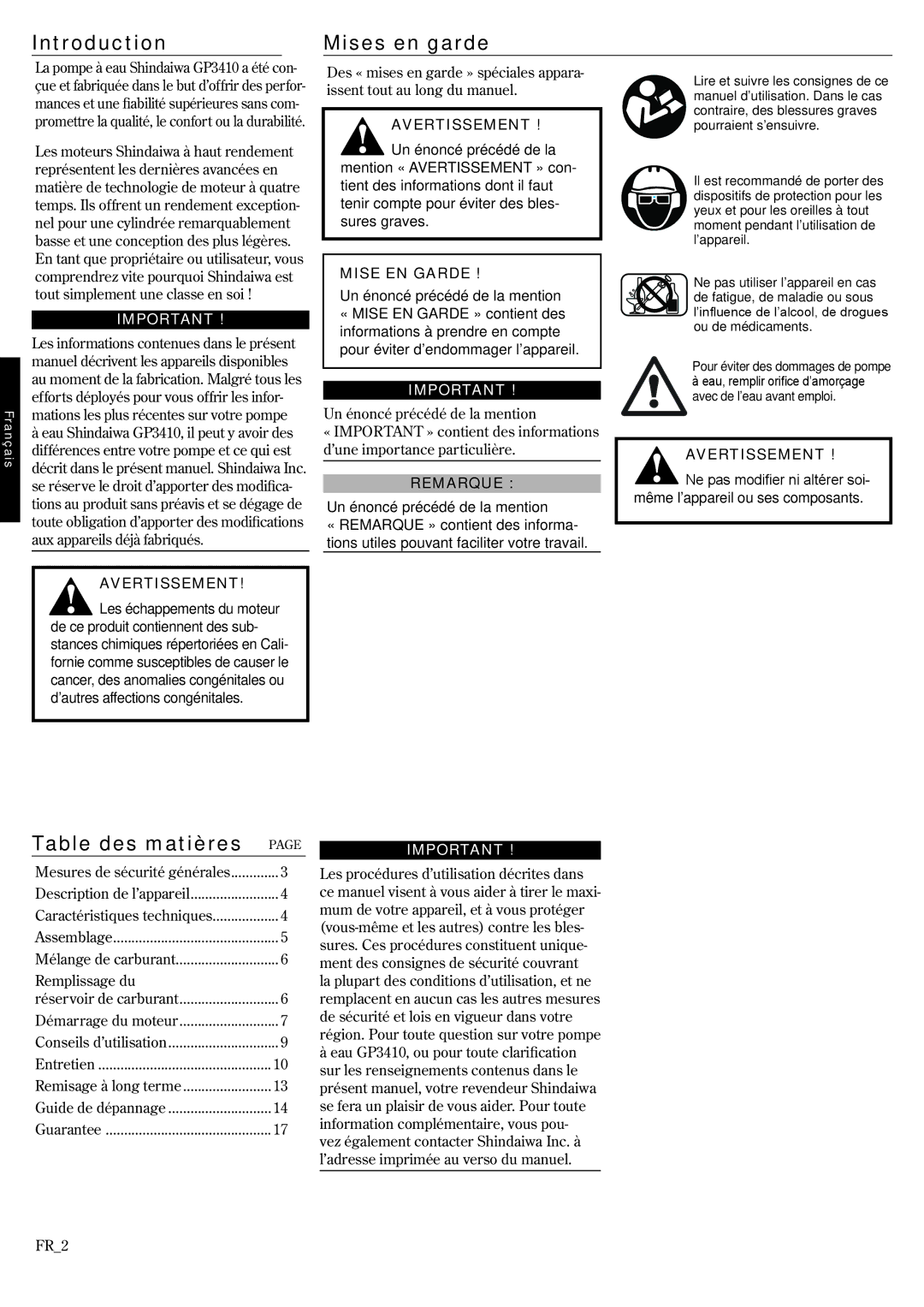 Shindaiwa 6850-9430, GP3410 manual Introduction Mises en garde, Table des matières, Un énoncé précédé de la mention 