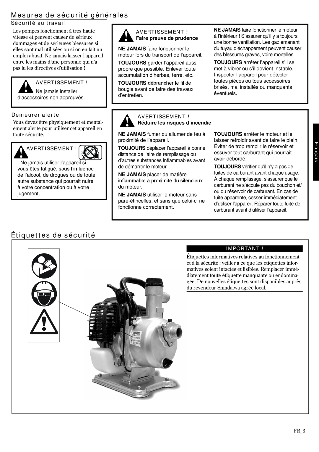 Shindaiwa GP3410, 6850-9430 manual Mesures de sécurité générales, Étiquettes de sécurité 