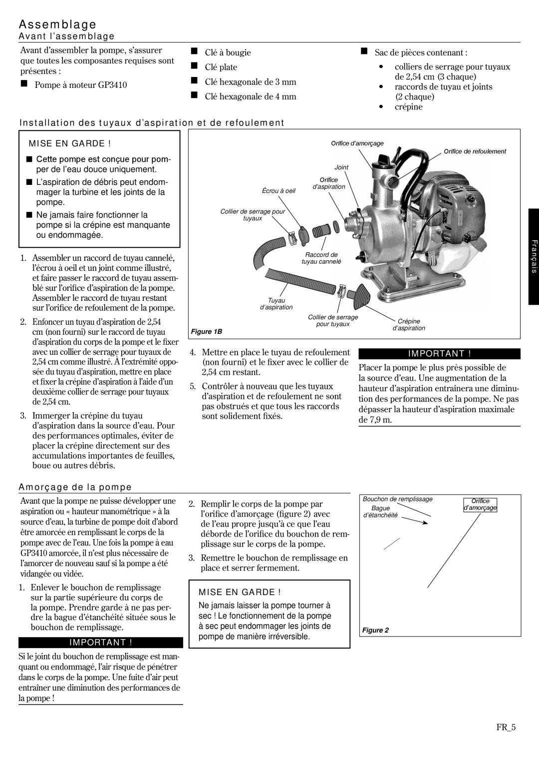 Shindaiwa GP3410, 6850-9430 manual Assemblage, Avant l’assemblage, Installation des tuyaux d’aspiration et de refoulement 