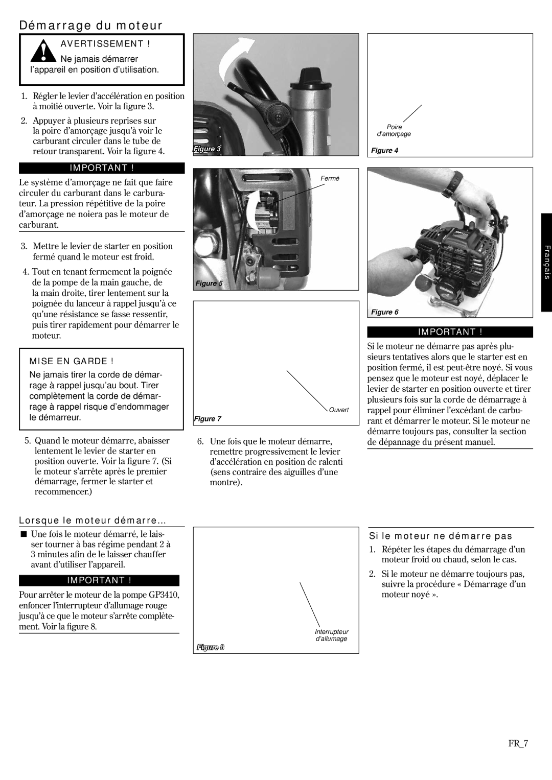 Shindaiwa GP3410, 6850-9430 manual Démarrage du moteur, Lorsque le moteur démarre, Si le moteur ne démarre pas 