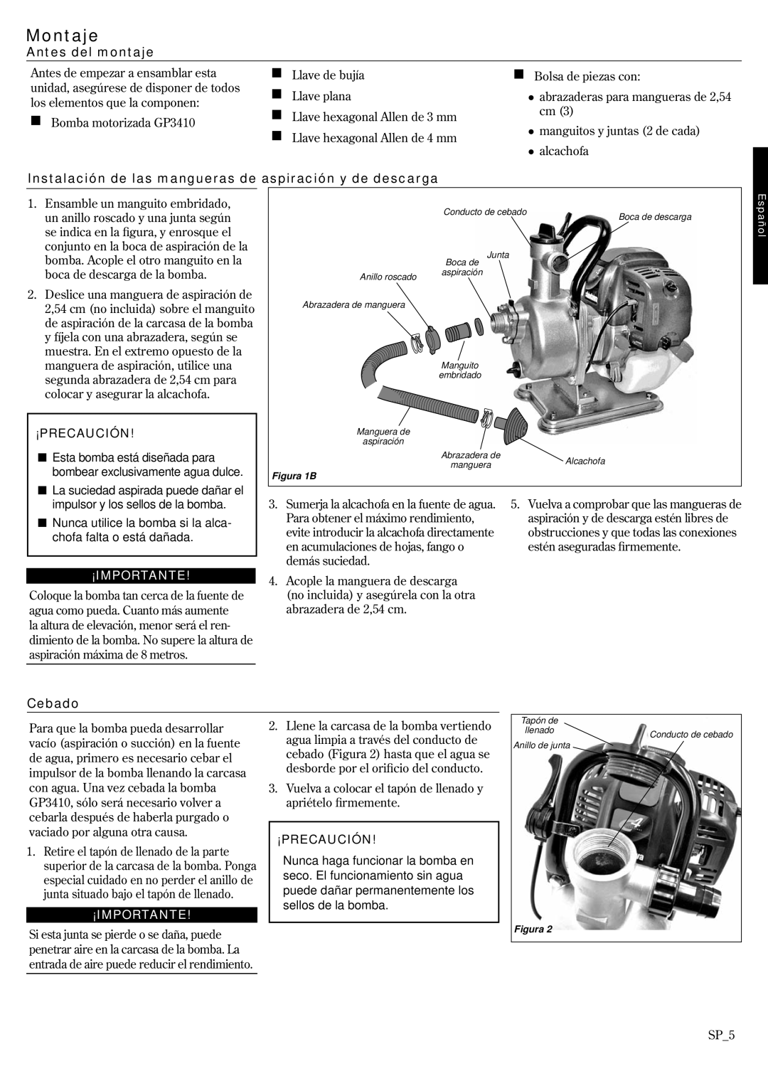 Shindaiwa GP3410, 6850-9430 manual Montaje, Antes del montaje, ¡Precaución, ¡Importante, Cebado 