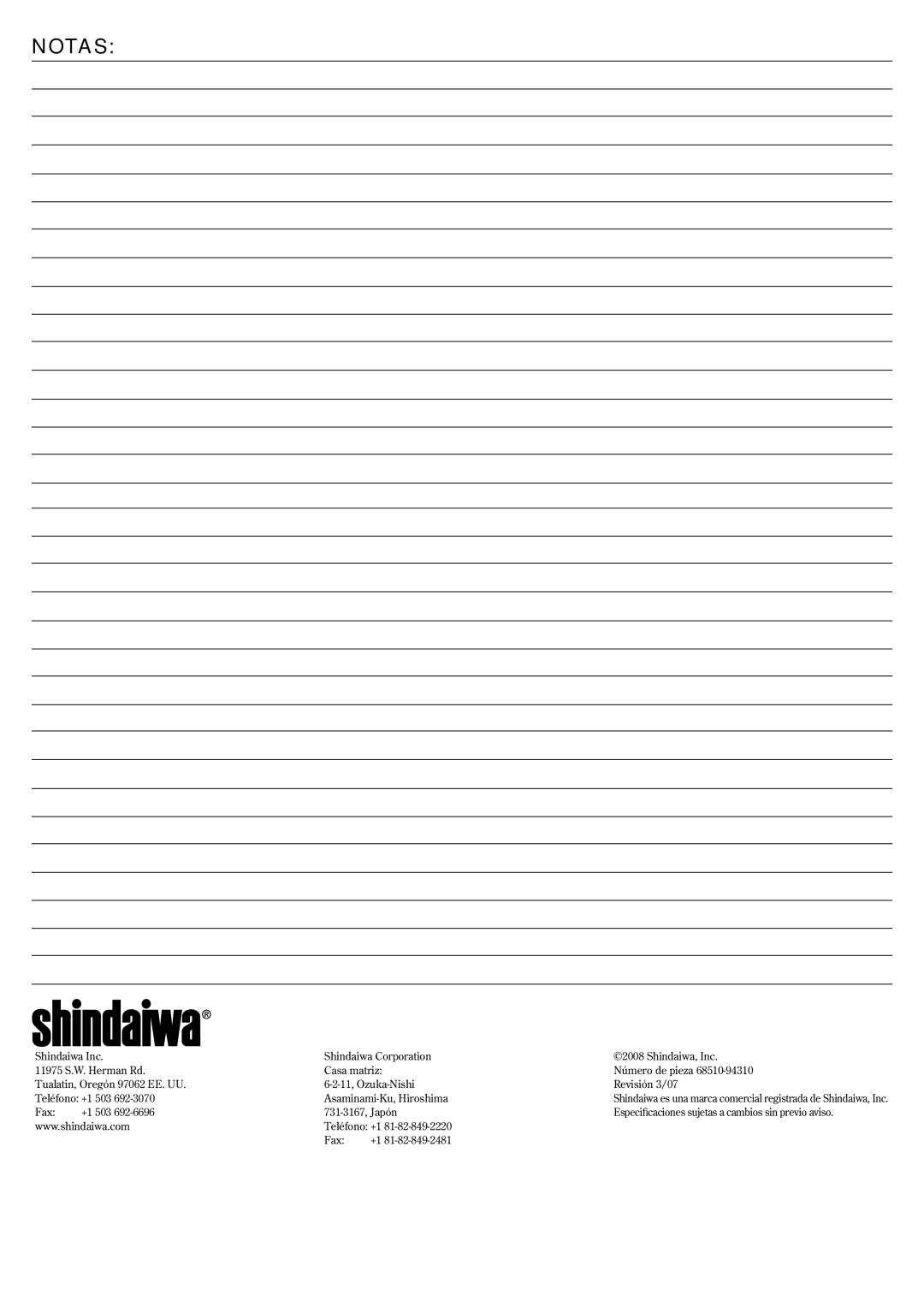 Shindaiwa 6850-9430, GP3410 manual Notas, Shindaiwa Inc 