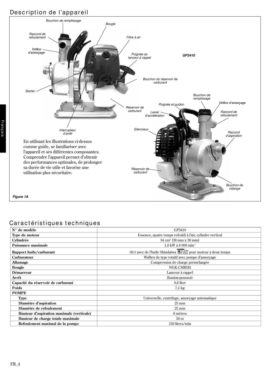 Shindaiwa 6850-9430, GP3410 manual Description de l’appareil, Caractéristiques techniques, FR_4, Français 