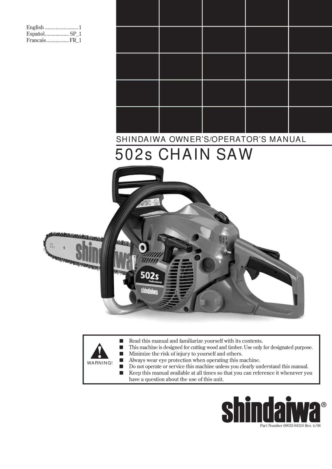 Shindaiwa 69033-94310 manual 502s Chain SAW 