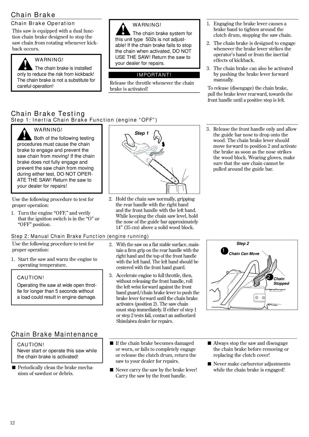 Shindaiwa 69033-94310, 502s manual Chain Brake Testing, Chain Brake Maintenance 