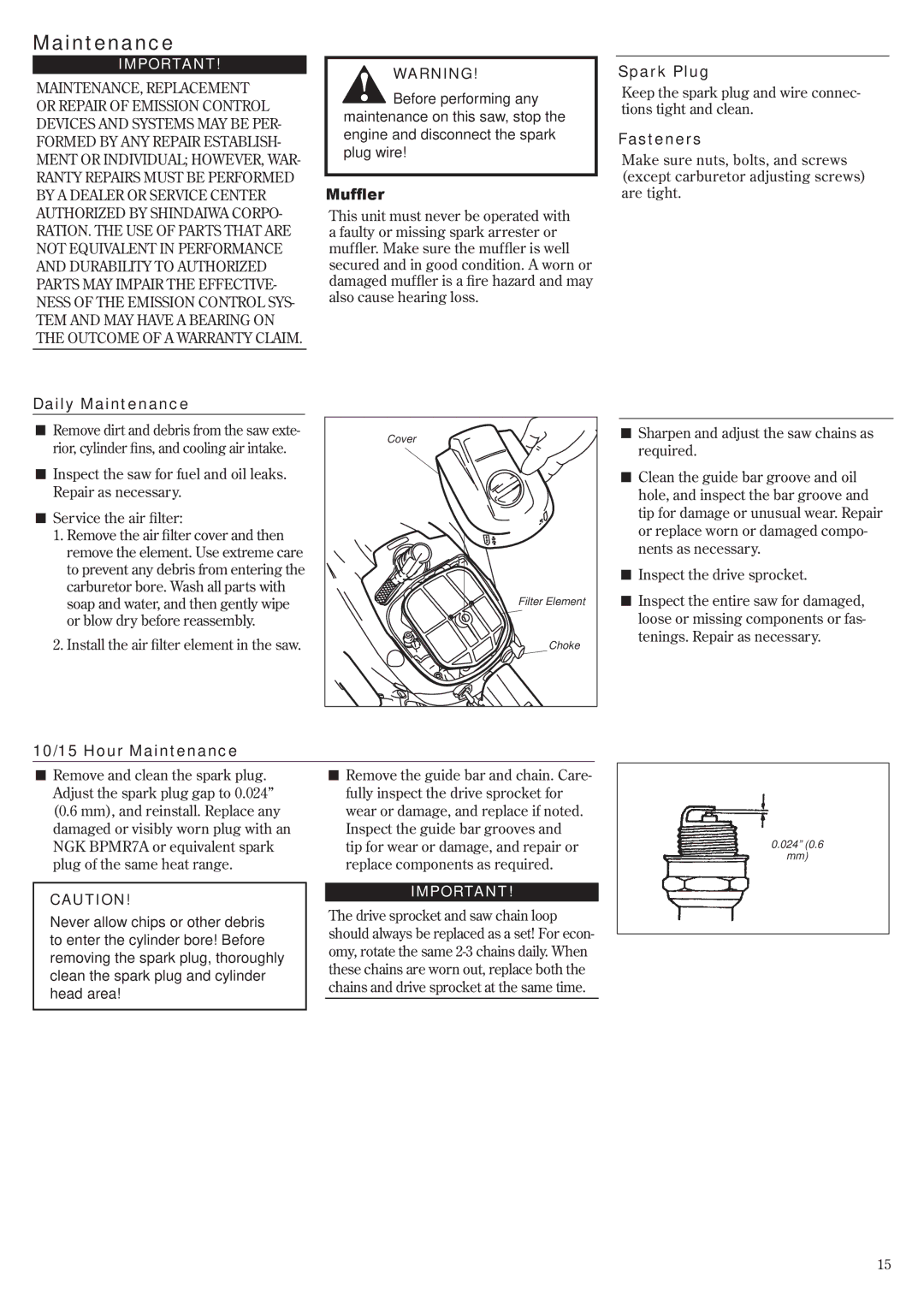 Shindaiwa 502s, 69033-94310 manual Maintenance 