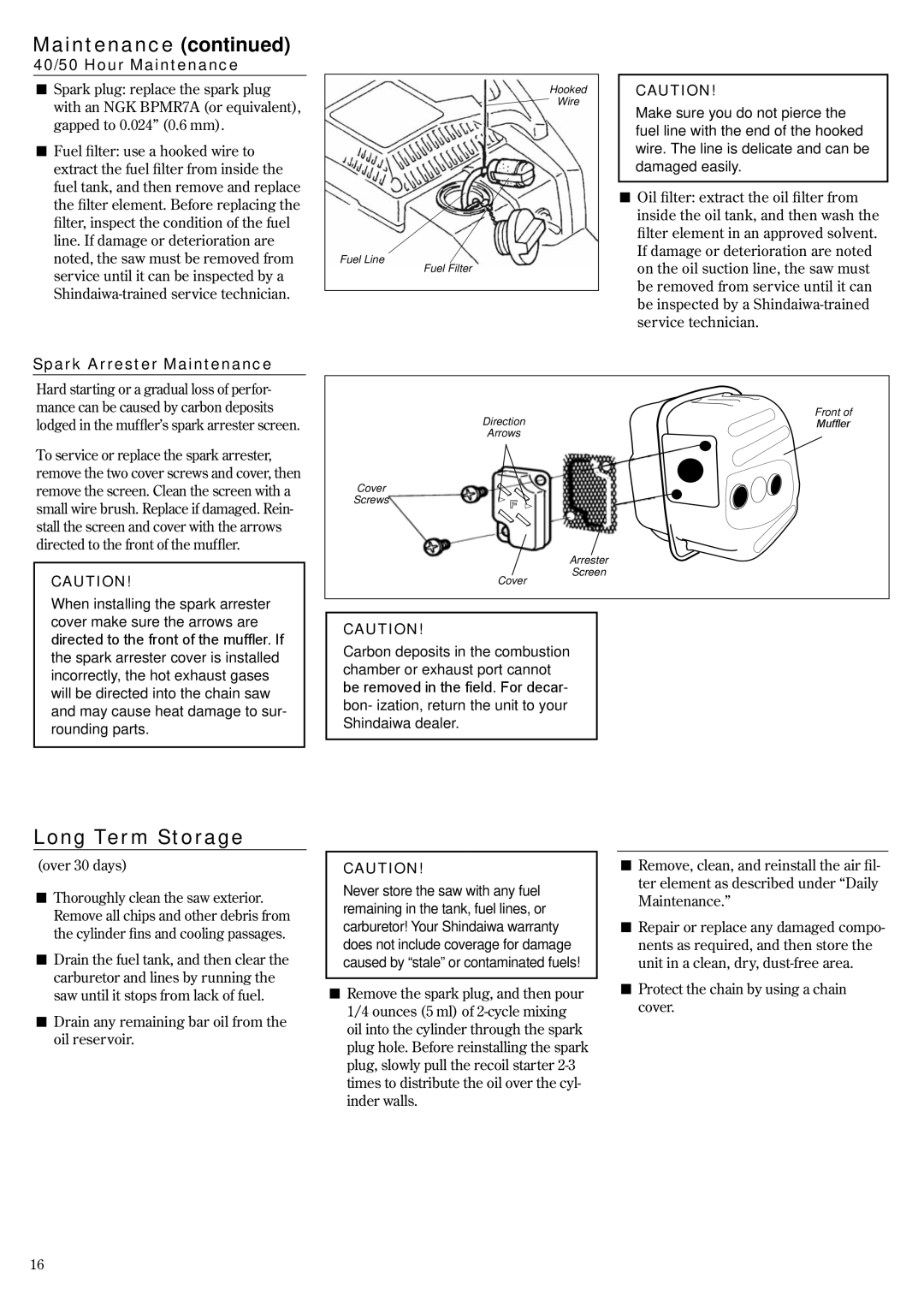 Shindaiwa 69033-94310, 502s manual Long Term Storage, 40/50 Hour Maintenance, Spark Arrester Maintenance 