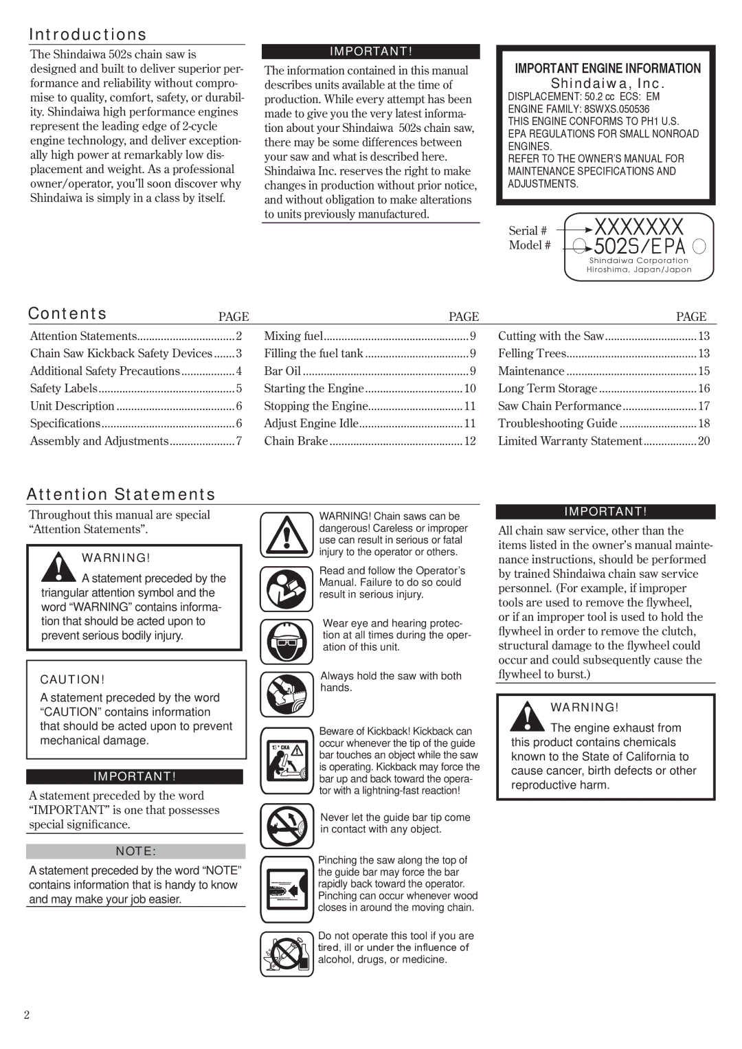 Shindaiwa 69033-94310, 502s manual Introductions, Contents 