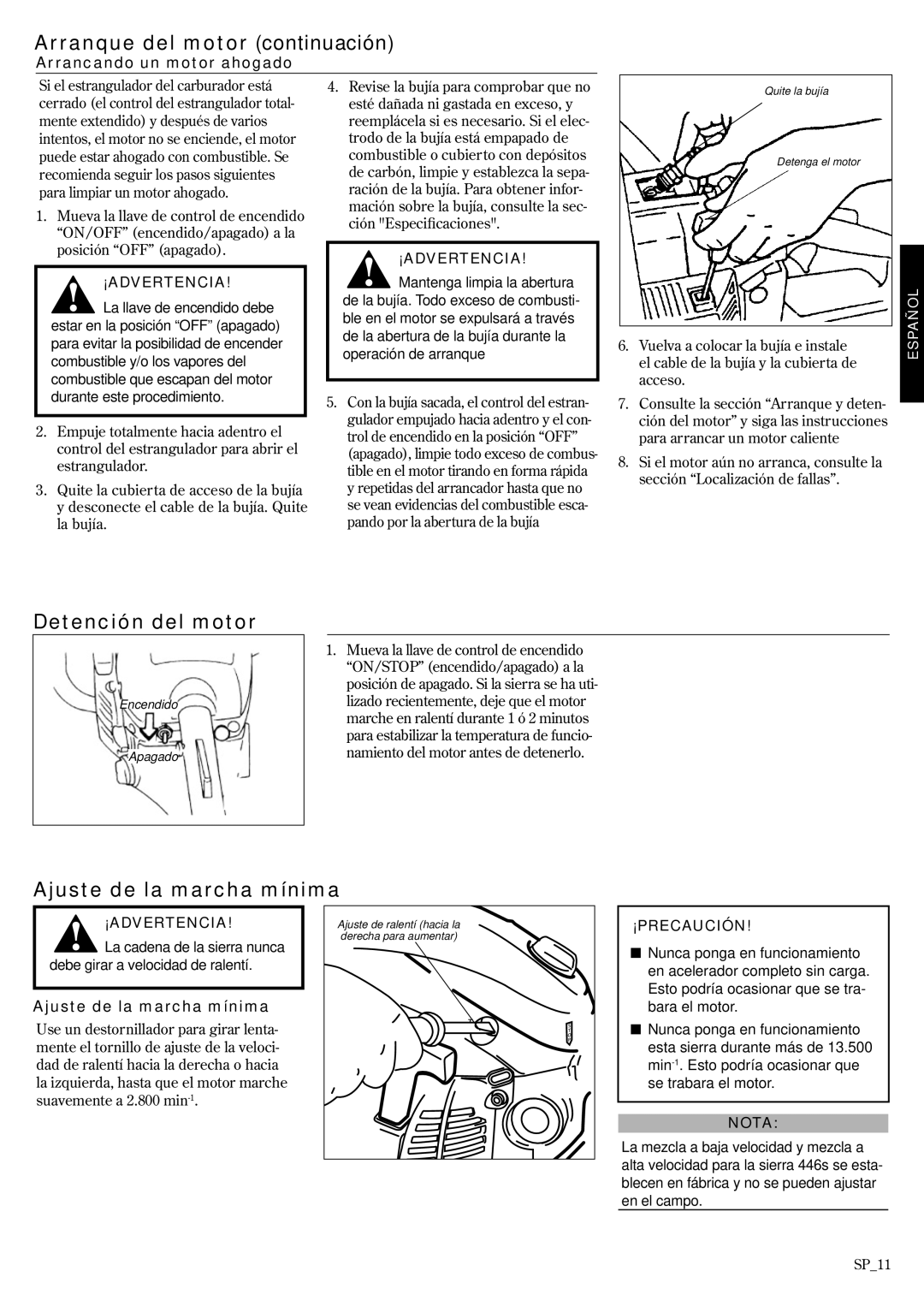 Shindaiwa 502s, 69033-94310 manual Arranque del motor continuación, Detención del motor, Ajuste de la marcha mínima 