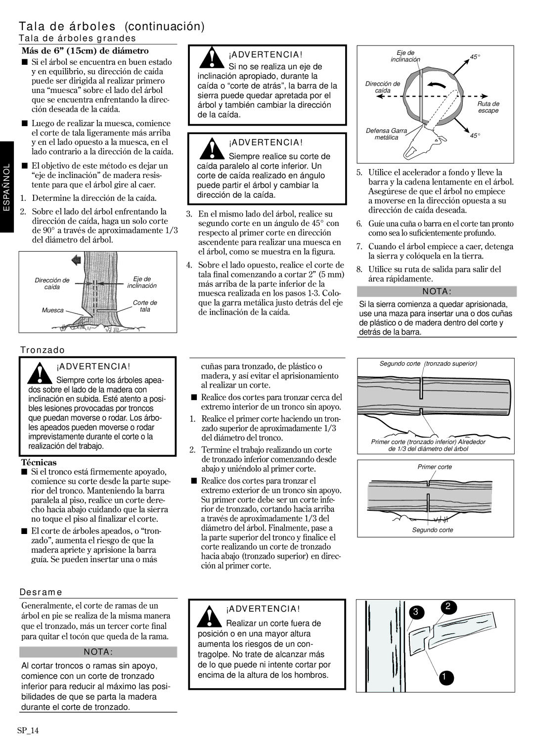 Shindaiwa 69033-94310, 502s manual Tala de árboles Continuación, Tala de árboles grandes, Tronzado, Desrame 