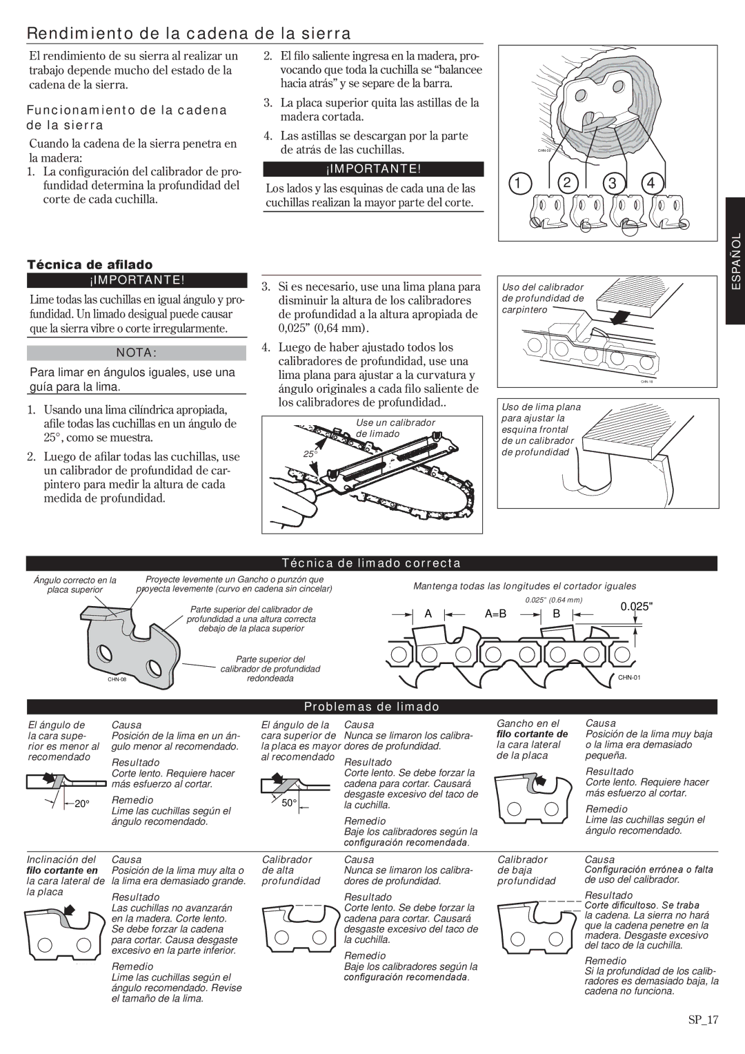 Shindaiwa 502s manual Rendimiento de la cadena de la sierra, Funcionamiento de la cadena de la sierra, Técnica de afilado 