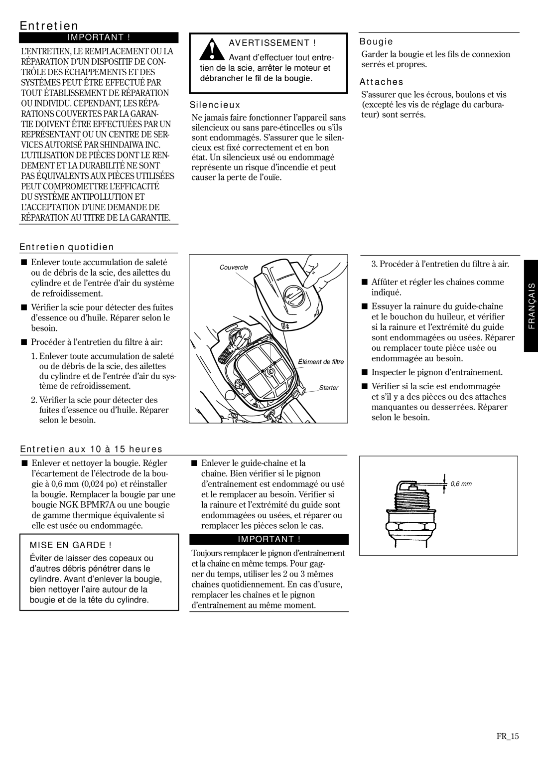 Shindaiwa 502s, 69033-94310 manual Entretien 