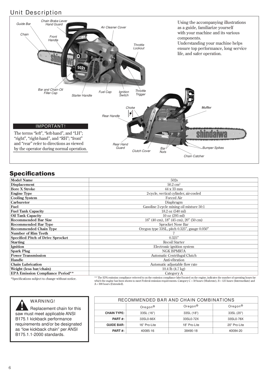 Shindaiwa 69033-94310, 502s manual Unit Description, Specifications, Recommended BAR and Chain Combinations 